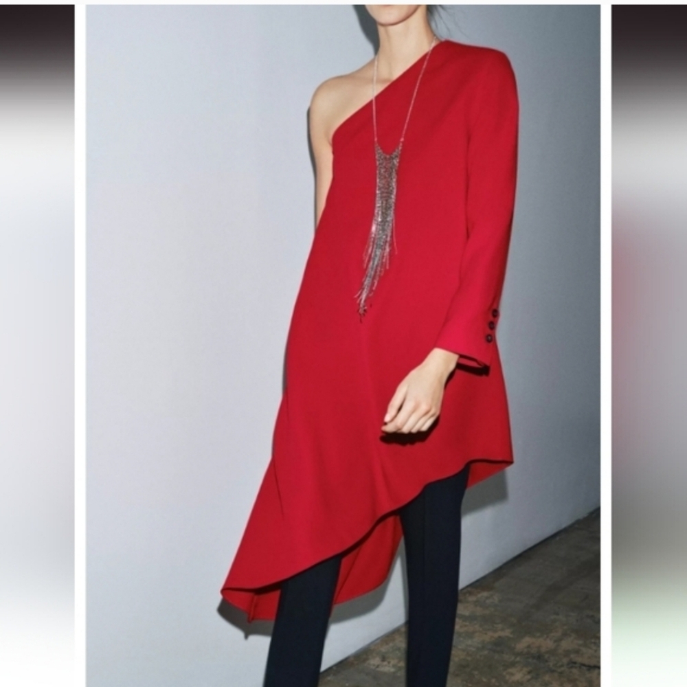 ZARA ZW COLLECTION RED ONE SHOULDER ASYMMETRICAL HEM DRESS/BLOUSE ❤️❤️❤️ - Picture 5 of 9